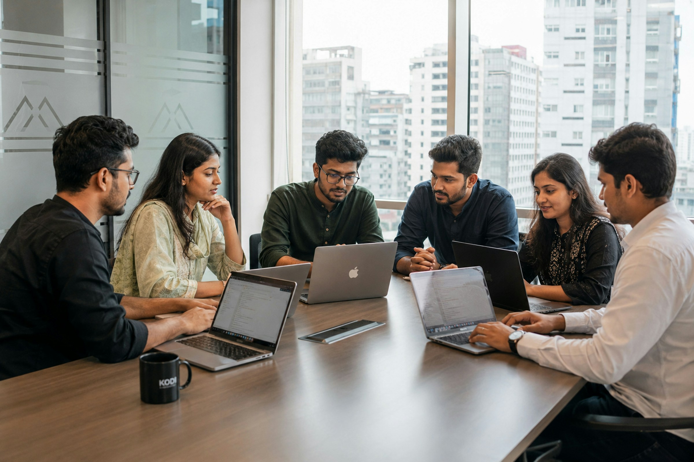 Placed candidates working together at laptops around a meeting table